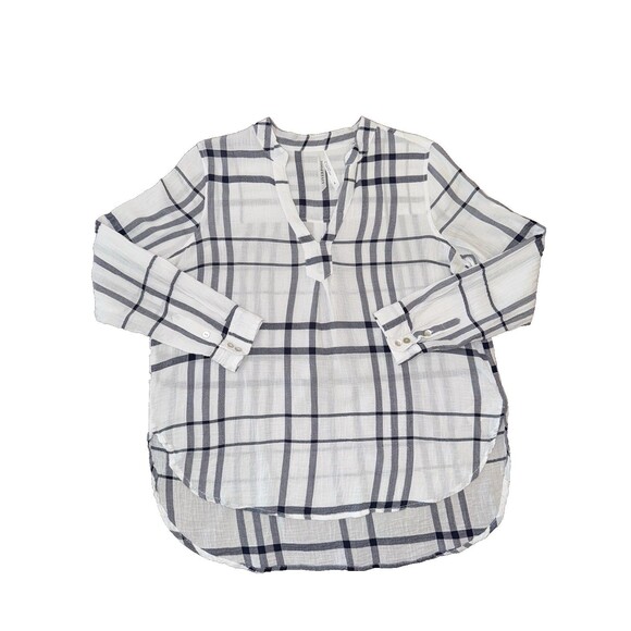 Liverpool Blue White Plaid Split Neck Long Sleeve Lightweight Blouse Size L - Picture 11 of 16